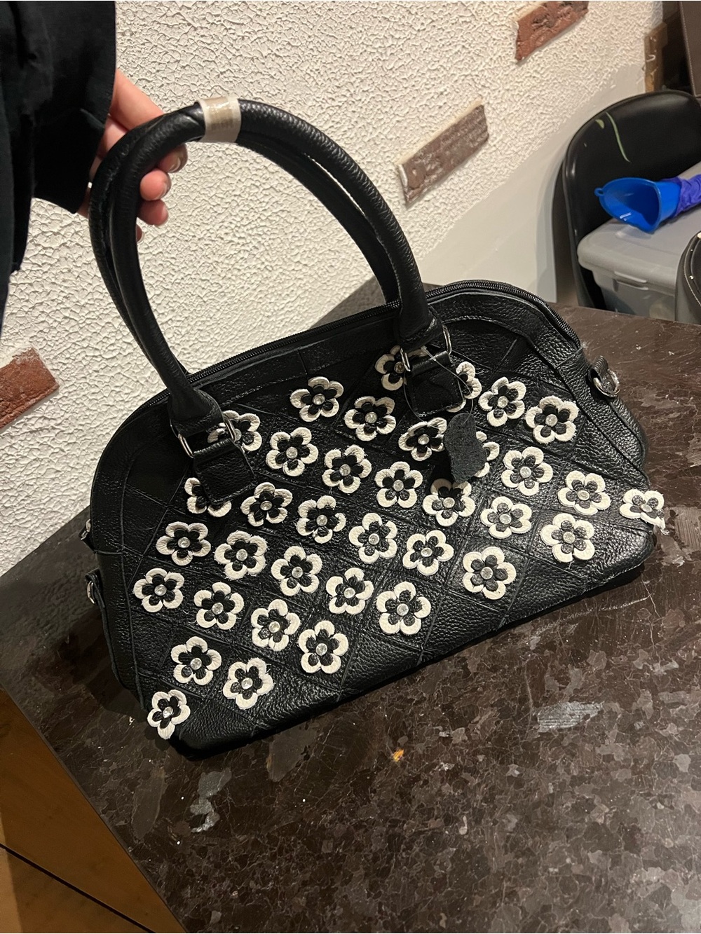 Black Floral Appliqué Satchel Bag - Charmes LA